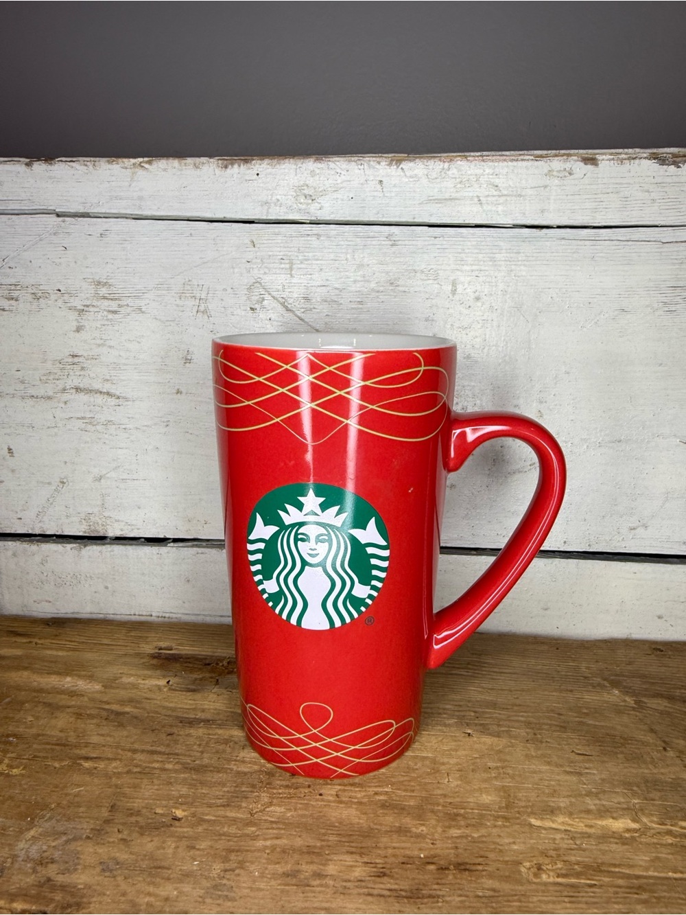 2020 Starbucks Tall 16oz Bright Red with Gold Swirls Mug Mermaid Green Logo